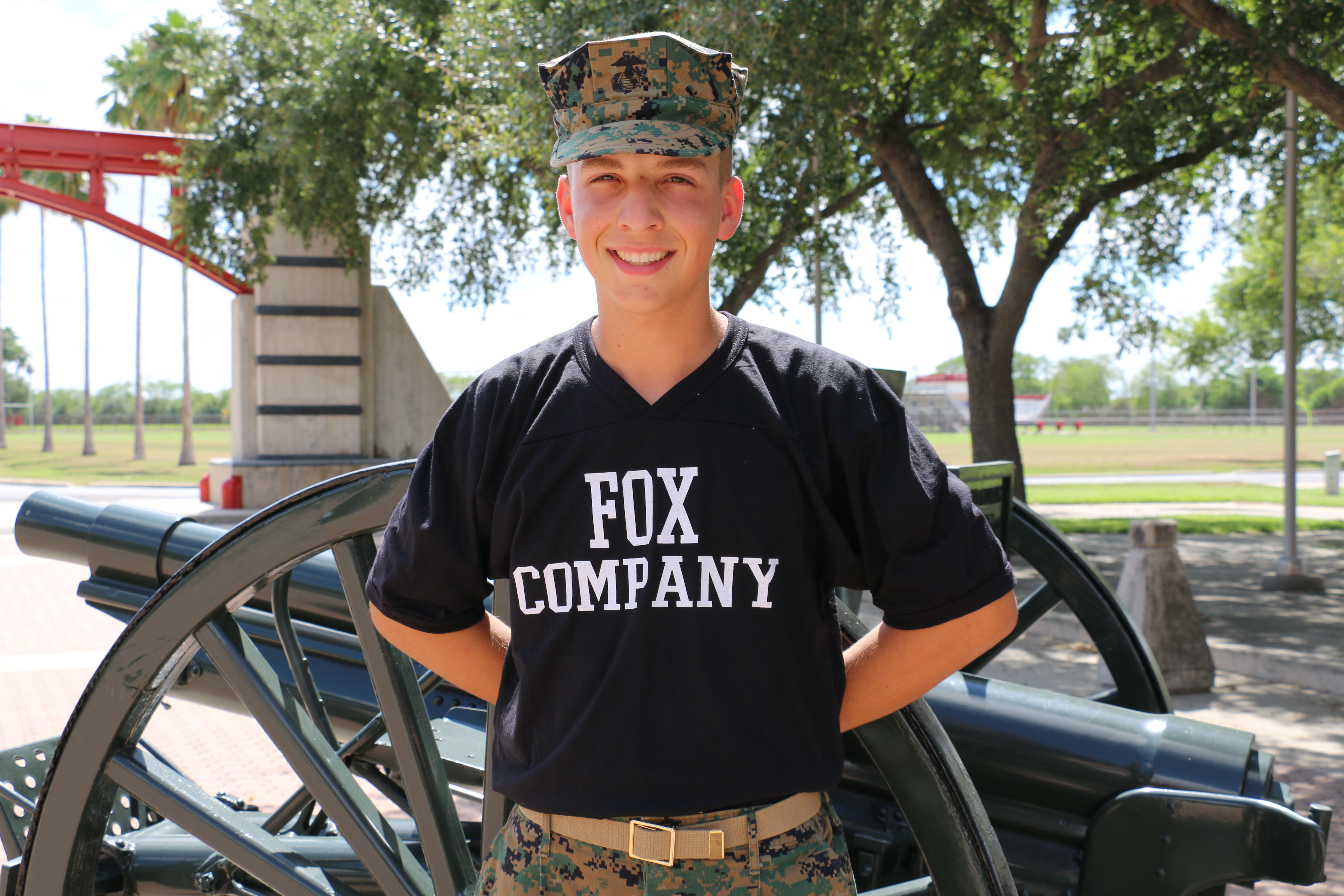a cadet stands at ease at marine military academy